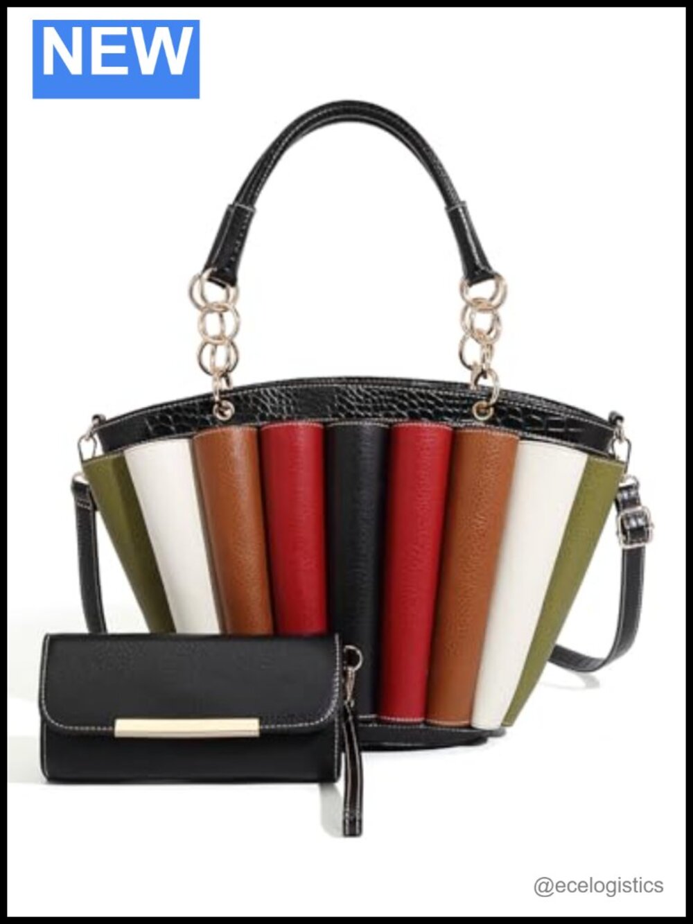 Women's Colorblock Faux Leather Striped Tote and Wallet Set with Chain Accents